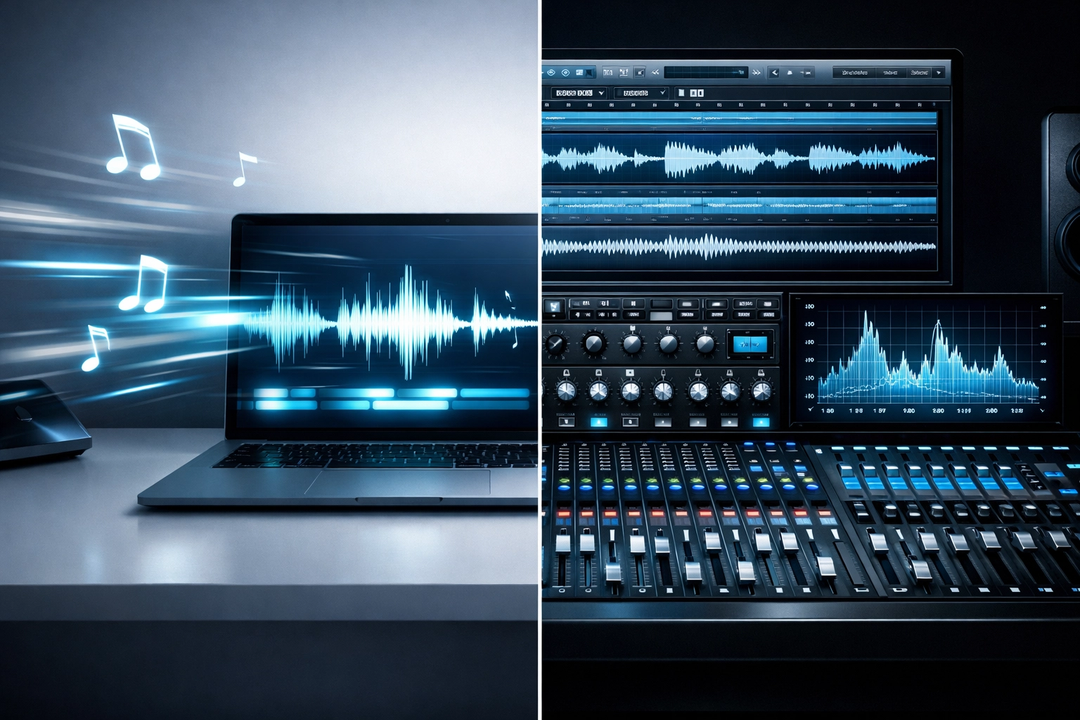 Split-screen comparison of Suno and Udio AI music generator workflows showing speed versus precision
