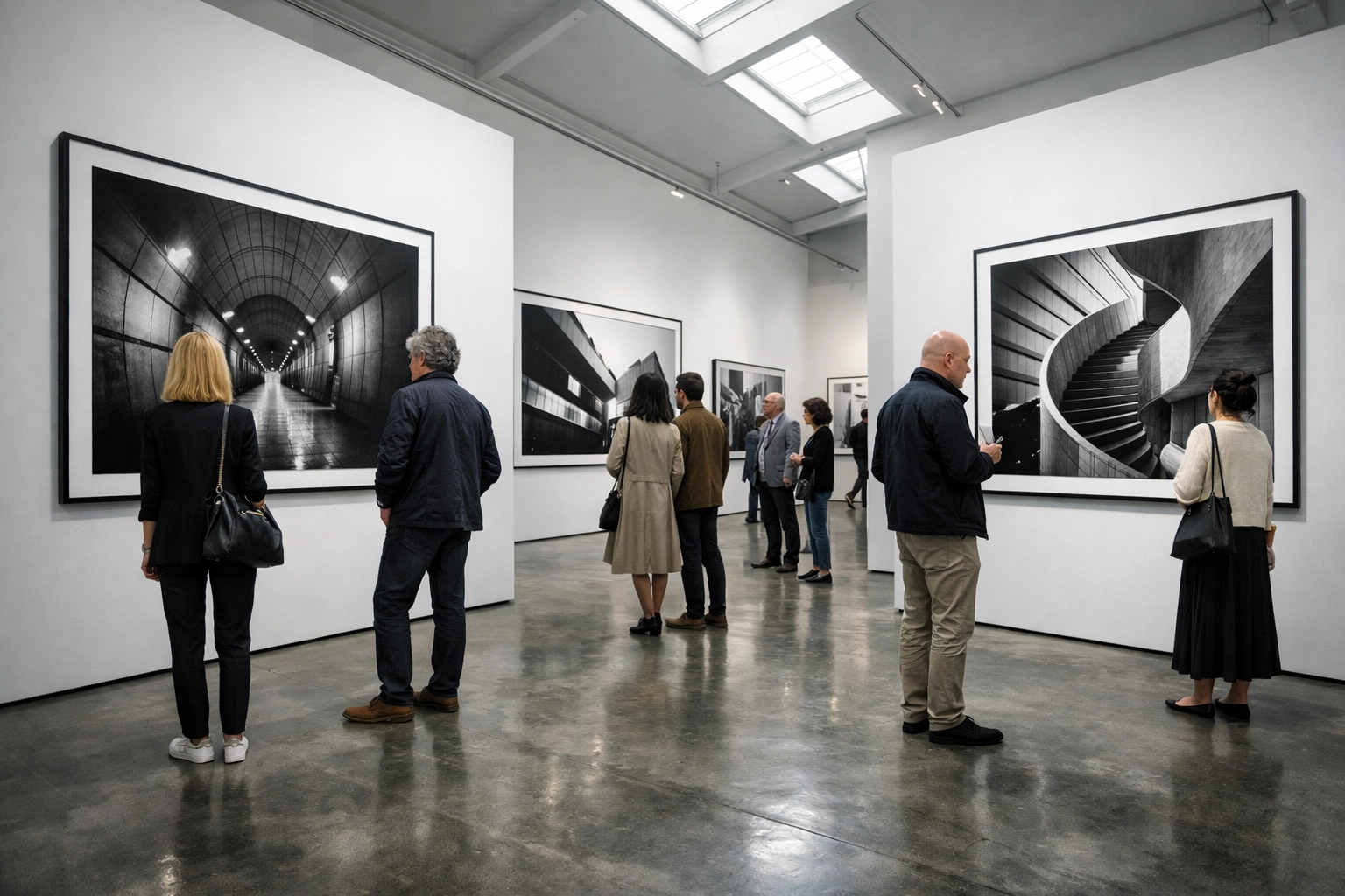 Visitors viewing large prints at a Rotterdam art gallery during a major photography news event.