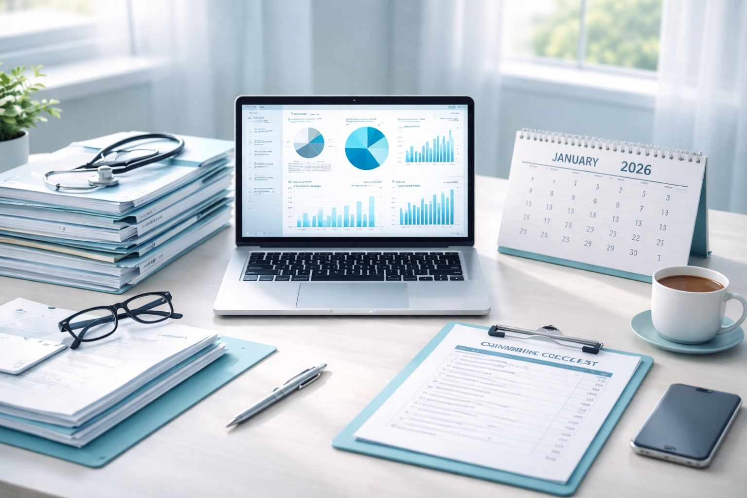 Healthcare administrator's organized desk with compliance documents and charts reflecting CMS 2026 rule updates