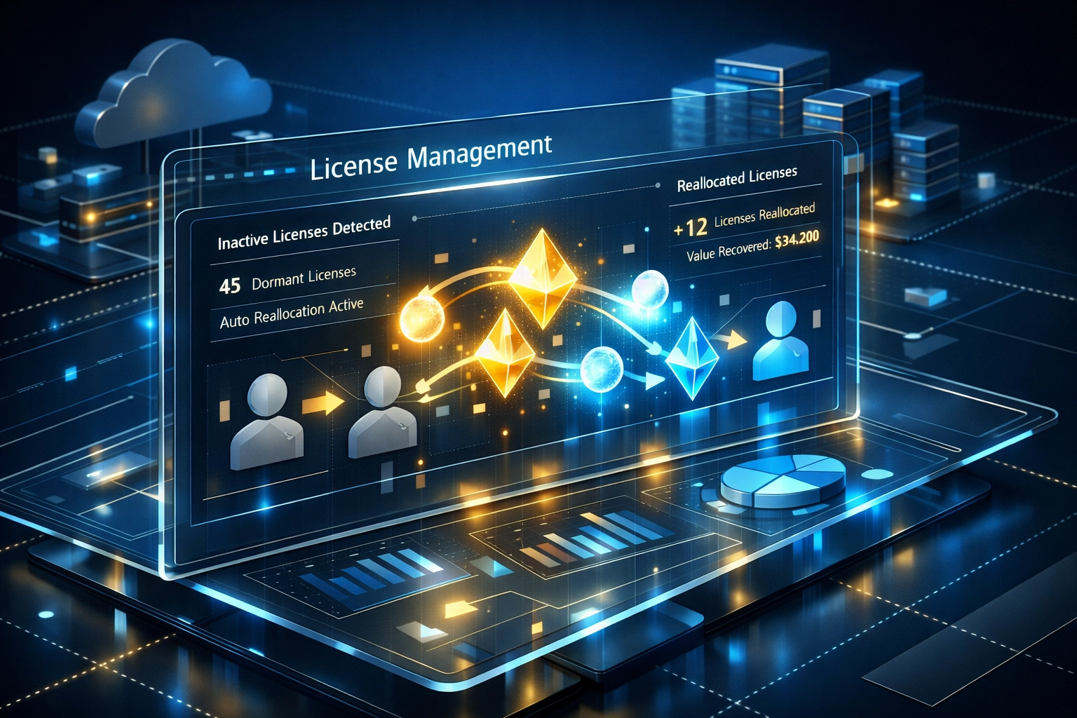 AI-powered ServiceNow ITAM dashboard identifying and reallocating unused software licenses