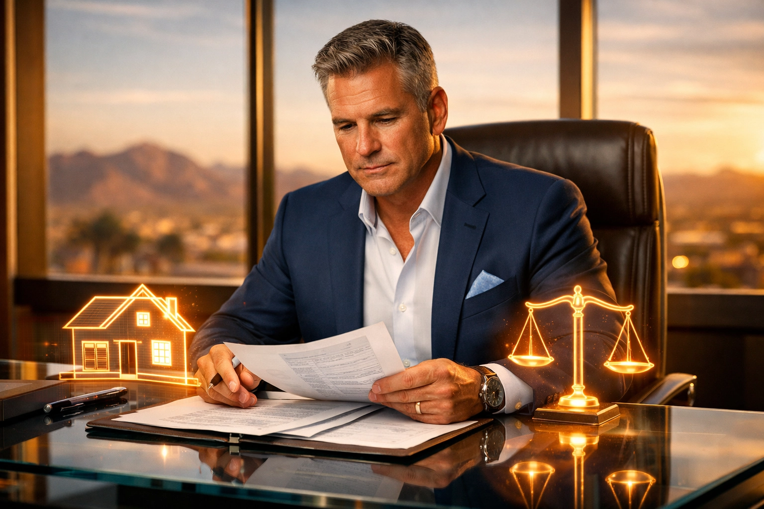 Brian Ramsey, Phoenix Real Estate Broker and Mortgage Expert, reviewing property and financing documents in his office.