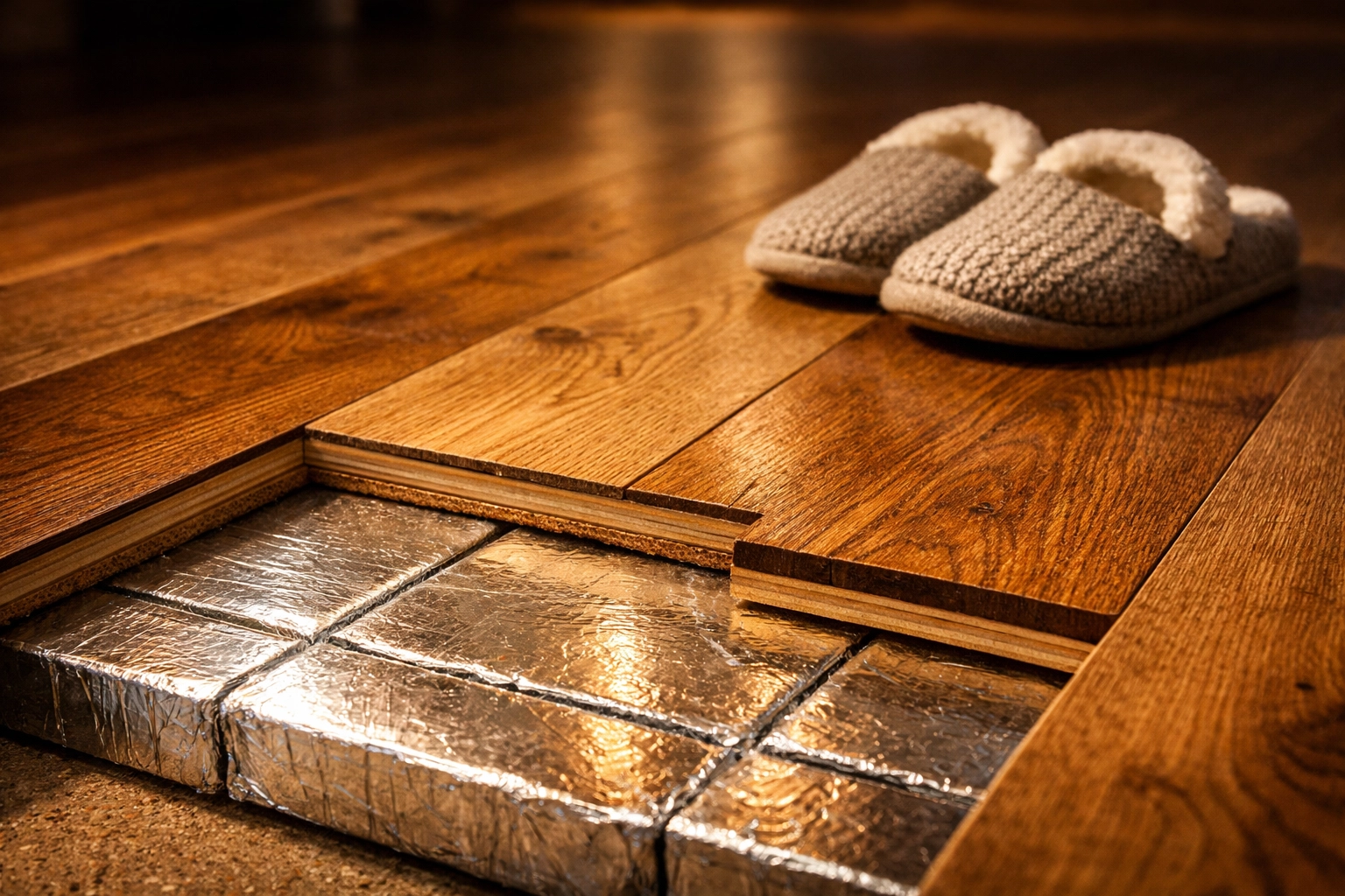 High-performance floor insulation boards being fitted under new timber flooring.