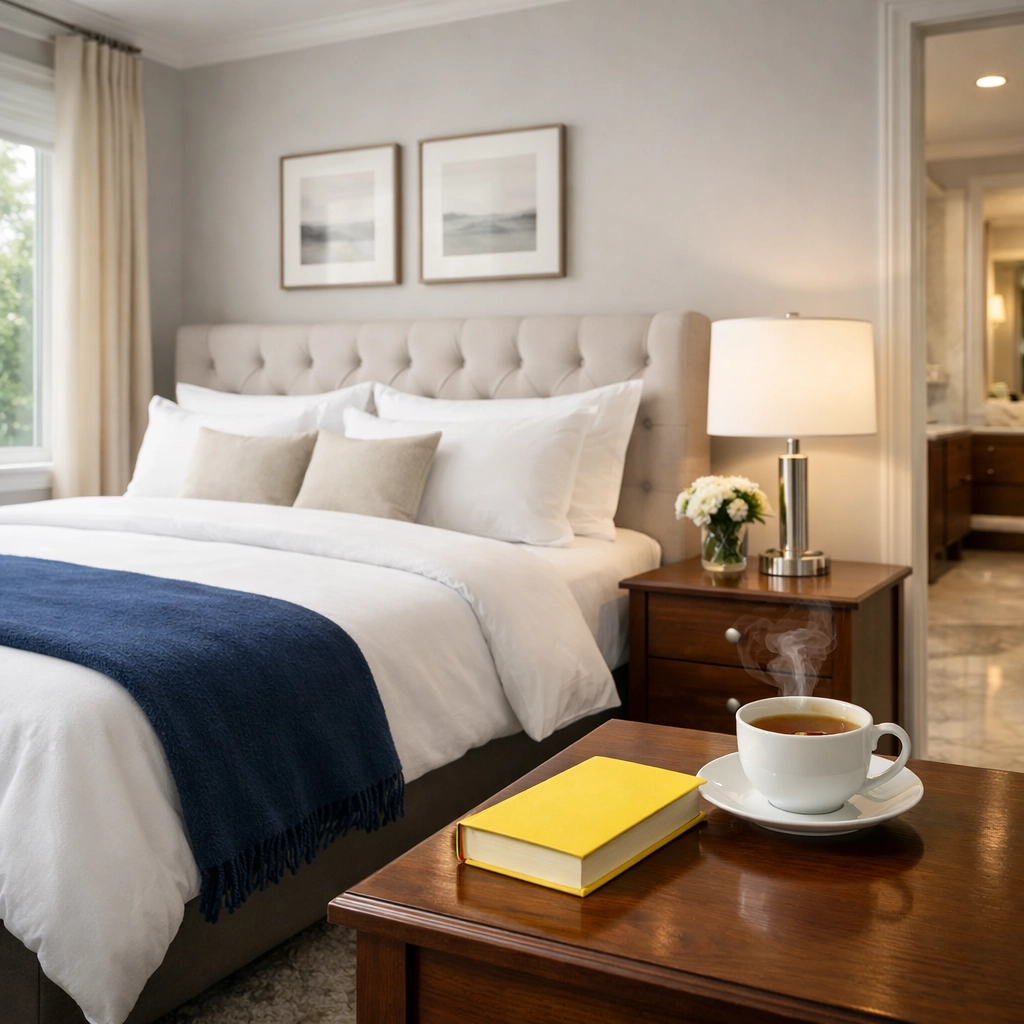 Serene and dust-free luxury bedroom maintained by a professional maid service Brookline MA.