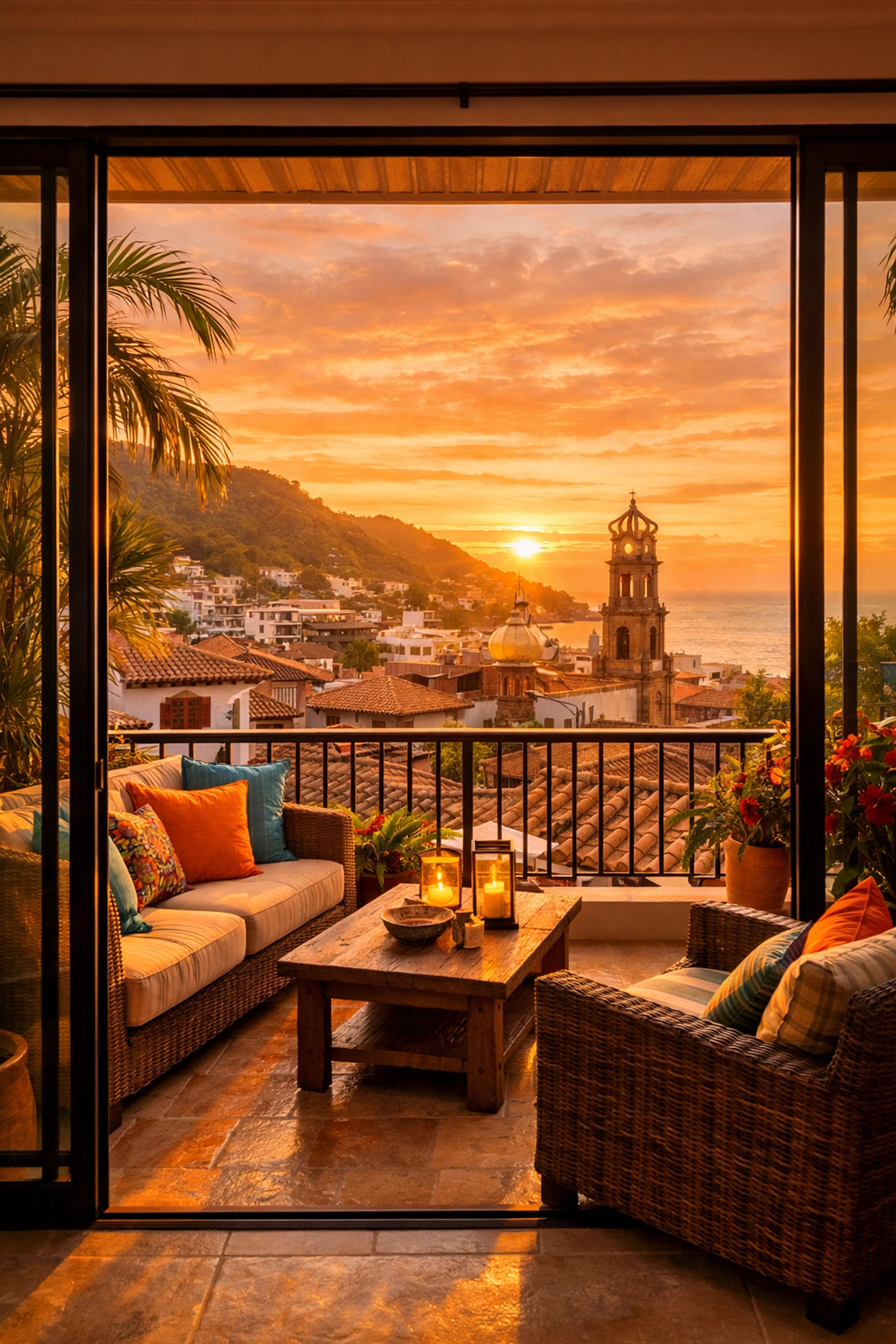 Sunset balcony view from Old Town Puerto Vallarta condo overlooking neighborhood rooftops