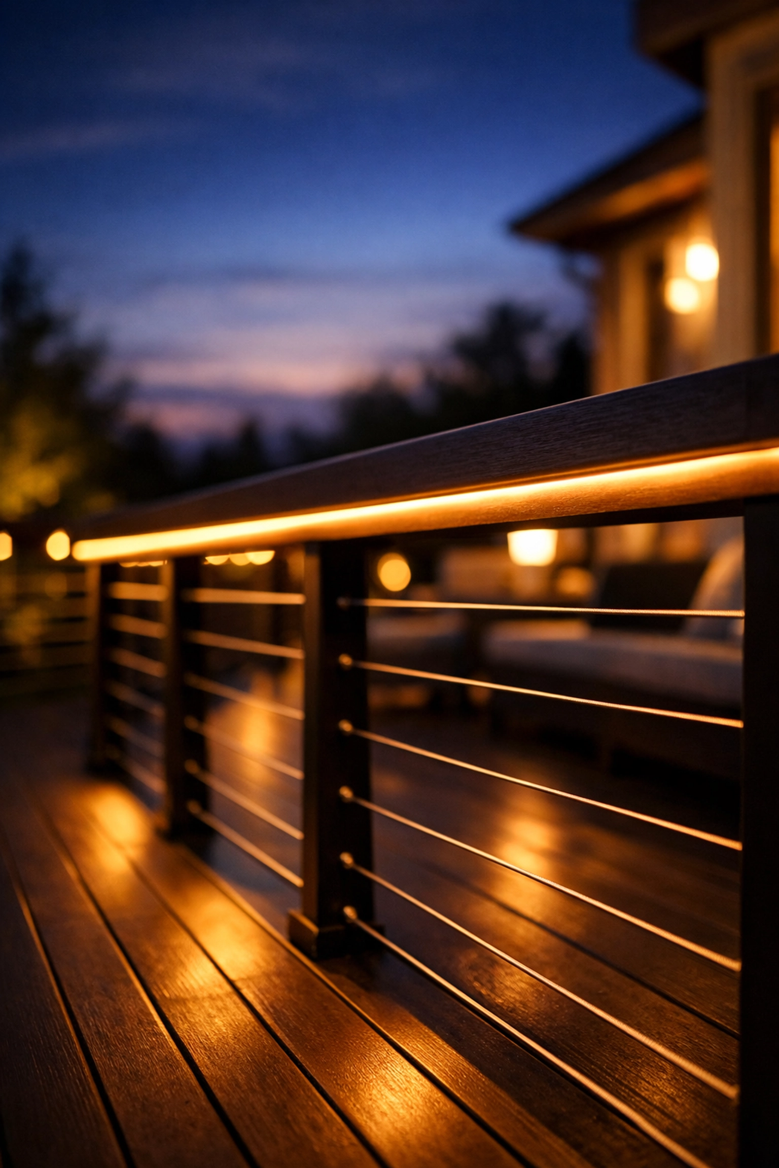 LED strip lighting under deck handrail creating warm ambient glow at dusk