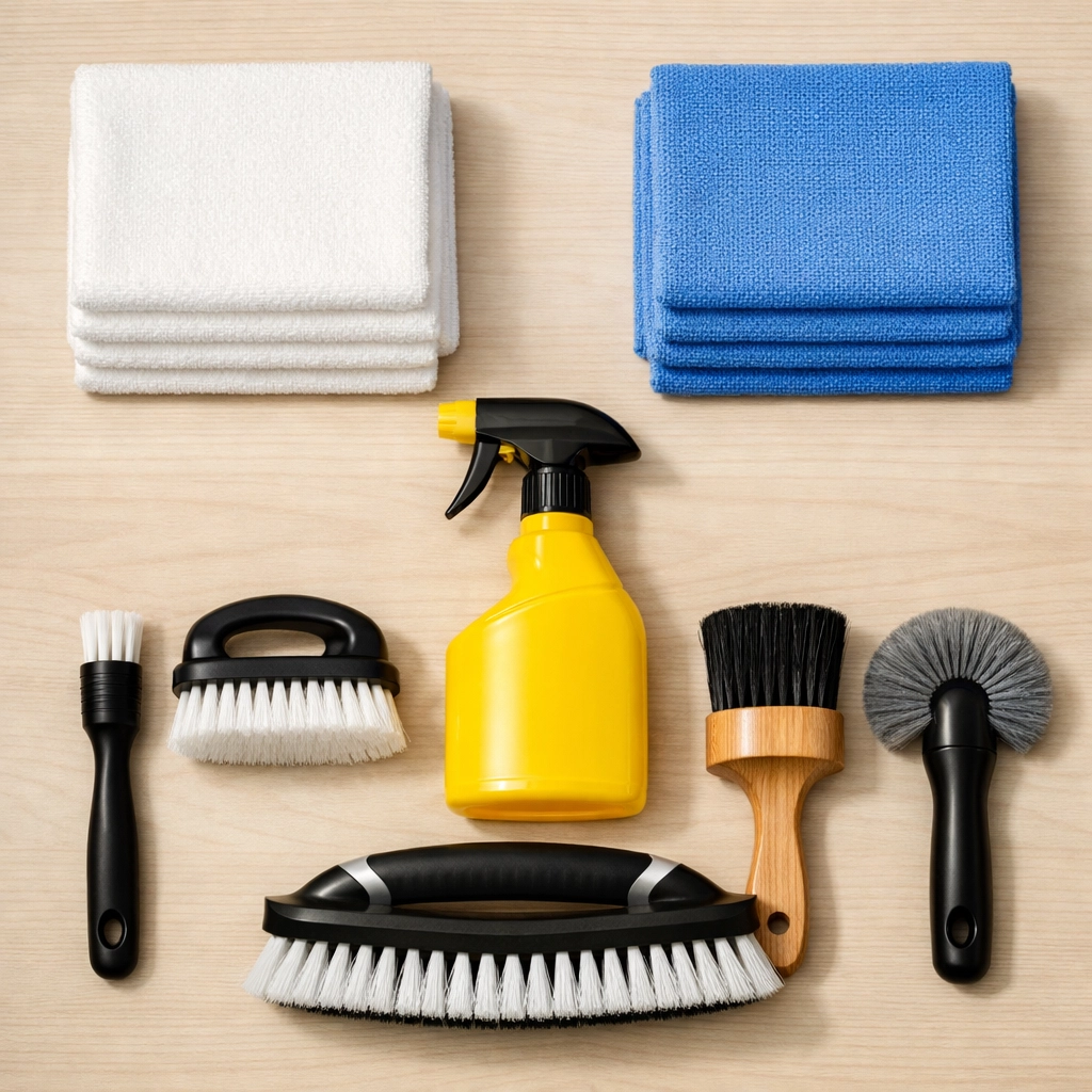 Organized professional house cleaning supplies featuring blue and yellow brand colors on a wood surface.