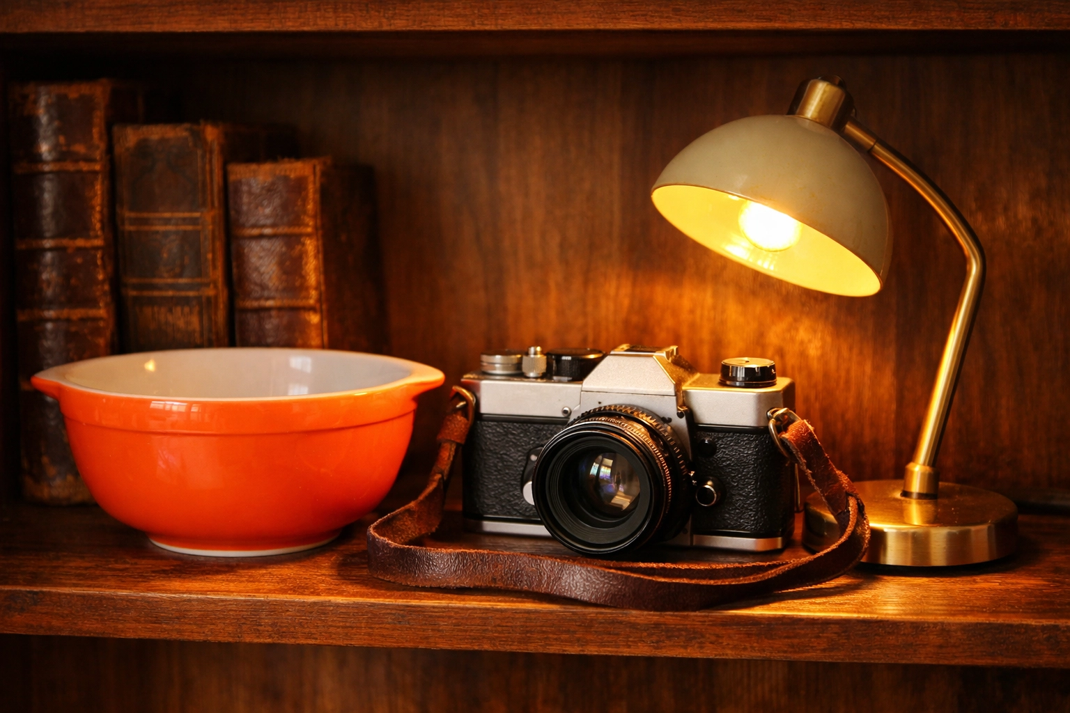 Vintage 1960s Pyrex bowl and camera on a shelf, showcasing the history and value of vintage items.