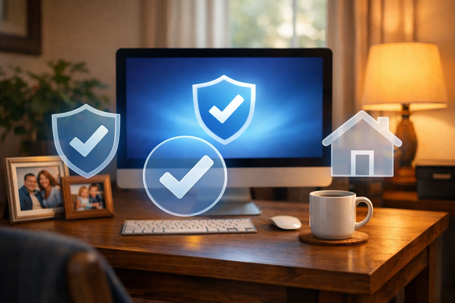 Home office computer with security checkmark showing safe Windows setup after repair assessment