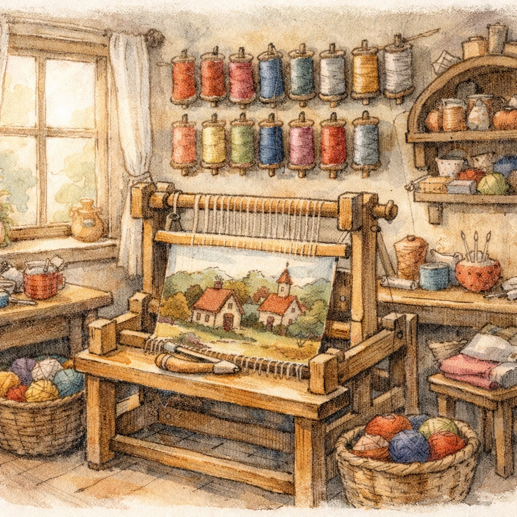 Weaver's cottage workshop with colorful threads and loom illustrating teaching AoG doctrine to kids