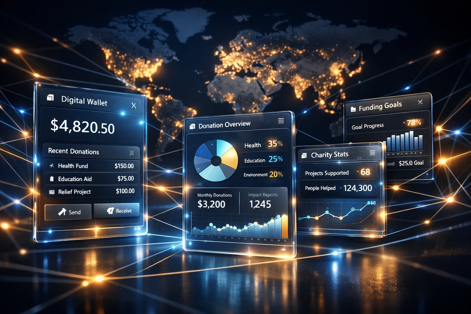 Enterprise merchant wallet system tracking real-time payments and charitable impact across locations