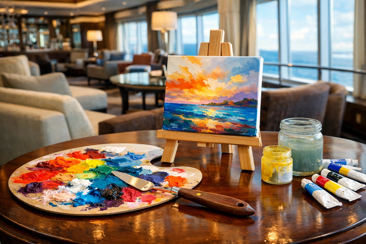 Acrylic paint palette and small canvas set up in an elegant cruise ship lounge