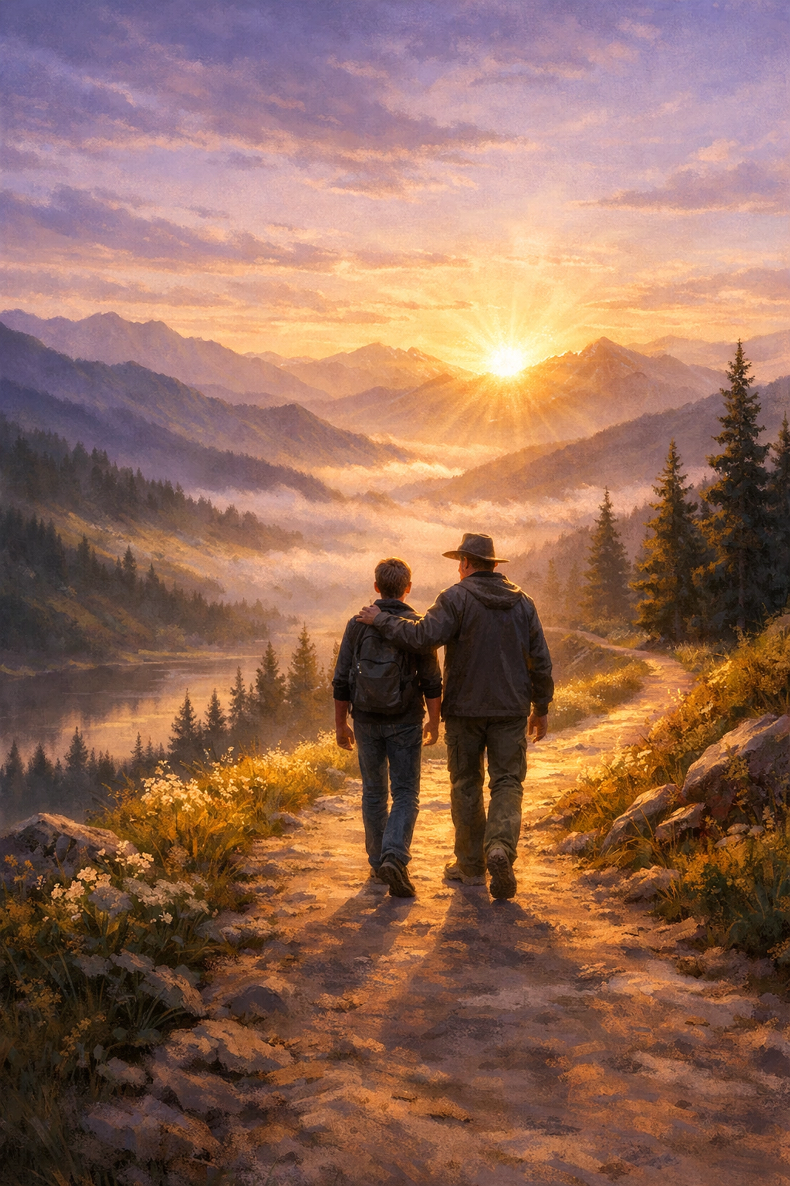 A teen boy walking with a mentor at sunrise, representing the journey of healing and restoration.