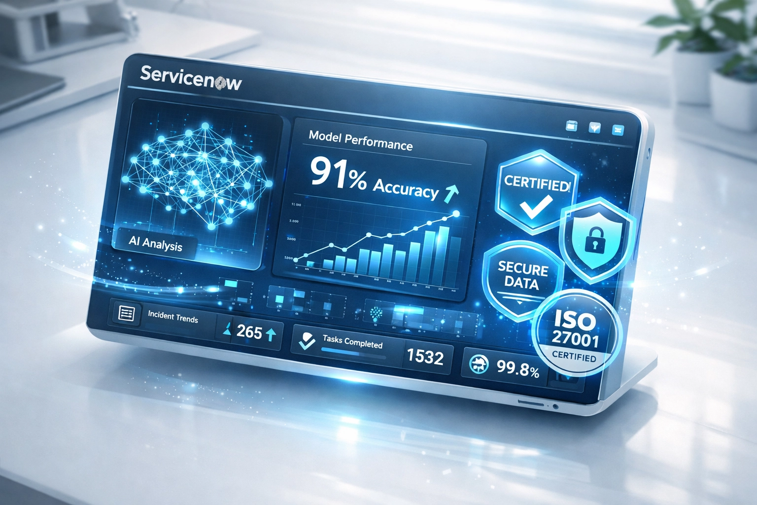 ServiceNow AI dashboard displaying machine learning performance metrics and certification badges