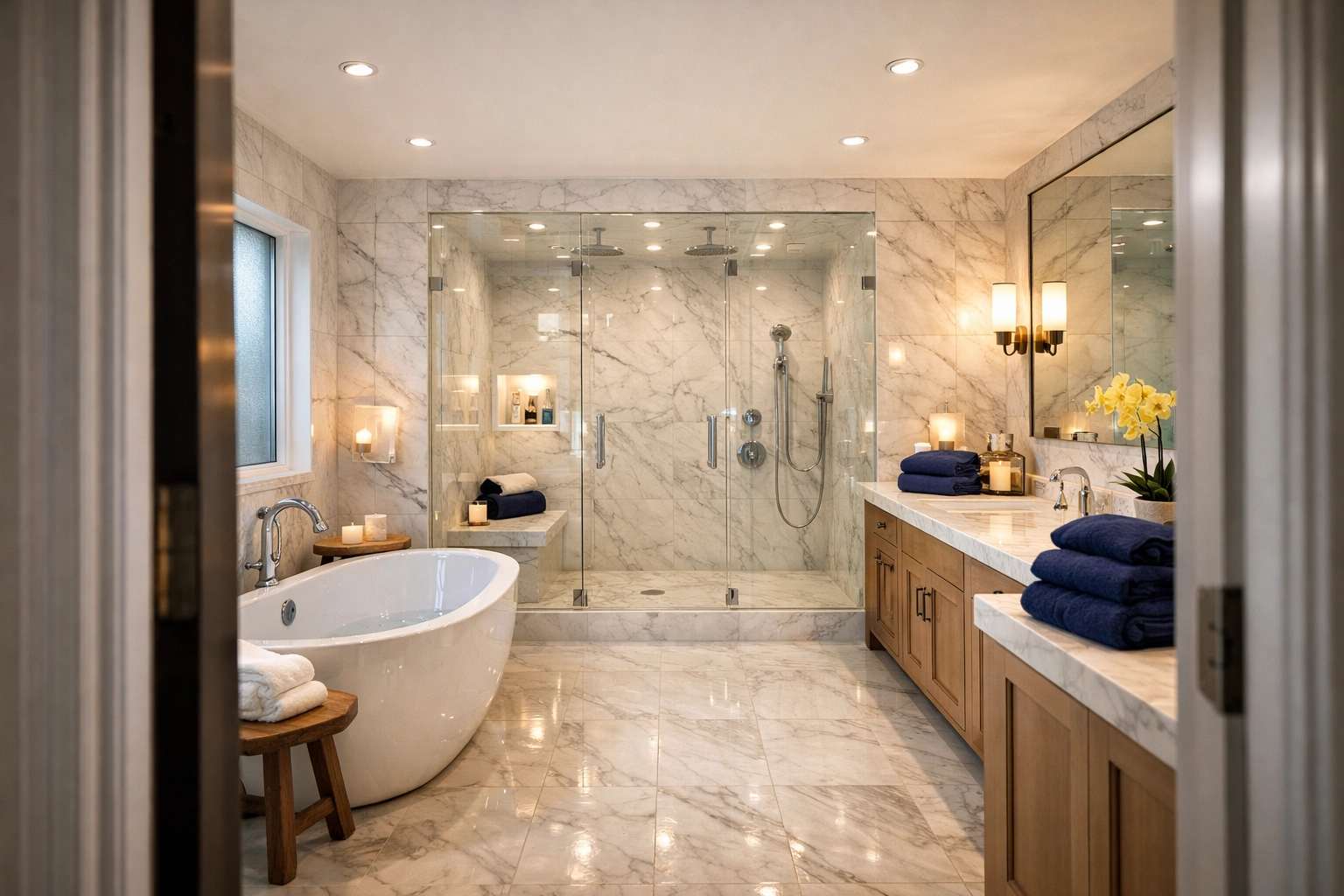 Pristine luxury marble bathroom in Massachusetts cleaned by professional cleaning services near me.
