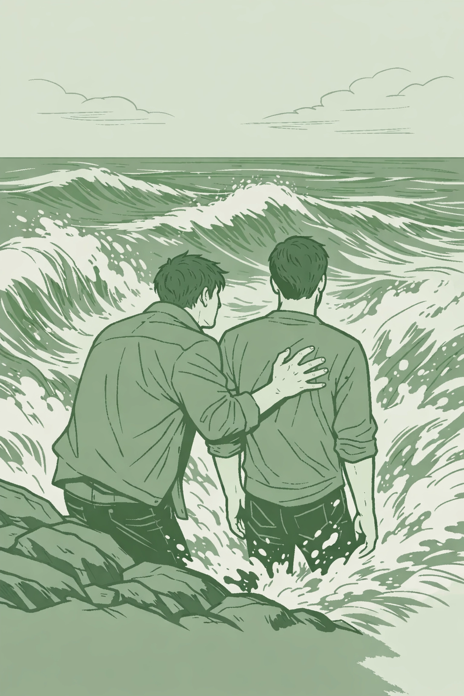 Two men at ocean's edge in possessive gay romance moment with crashing waves