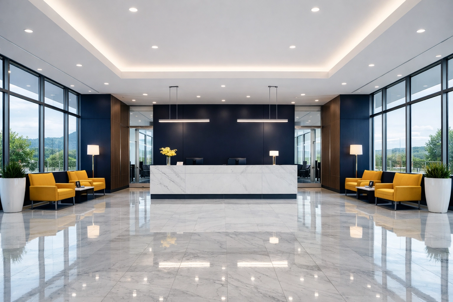 Spotless corporate lobby in Milton, MA with polished marble floors cleaned by a professional service.