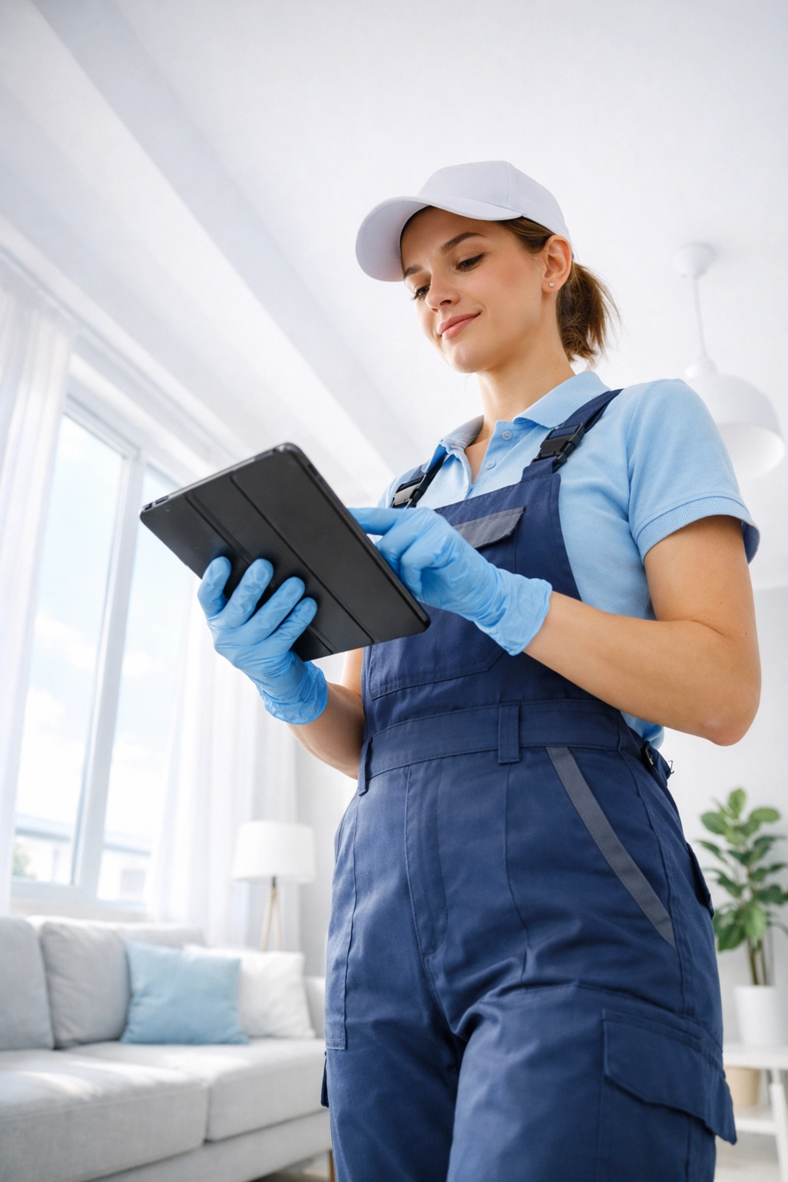 Professional cleaner using tablet for automated turnover cleaning scheduling in apartment living room