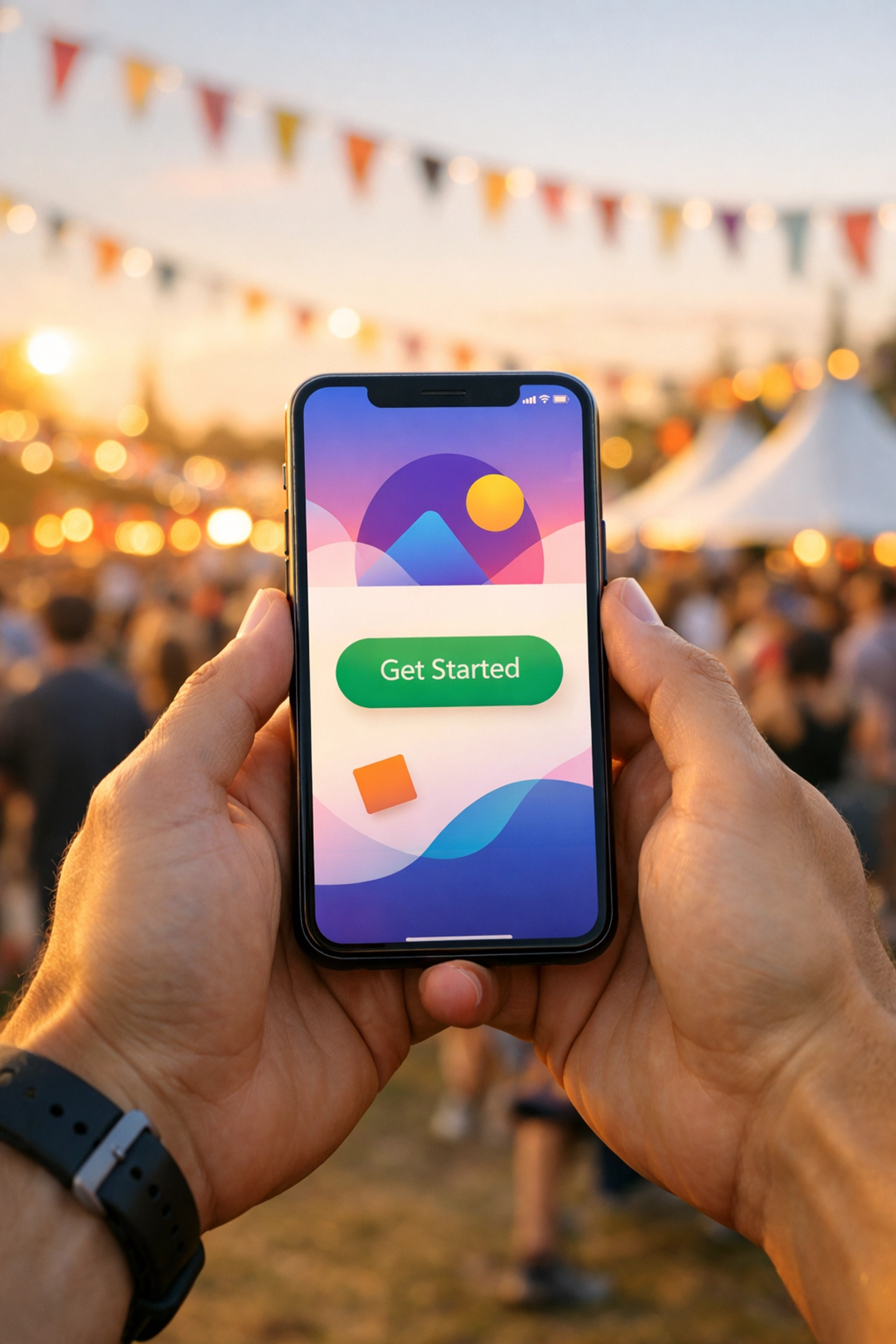 Attendee using a smartphone to access a branded event WiFi portal at a busy festival.