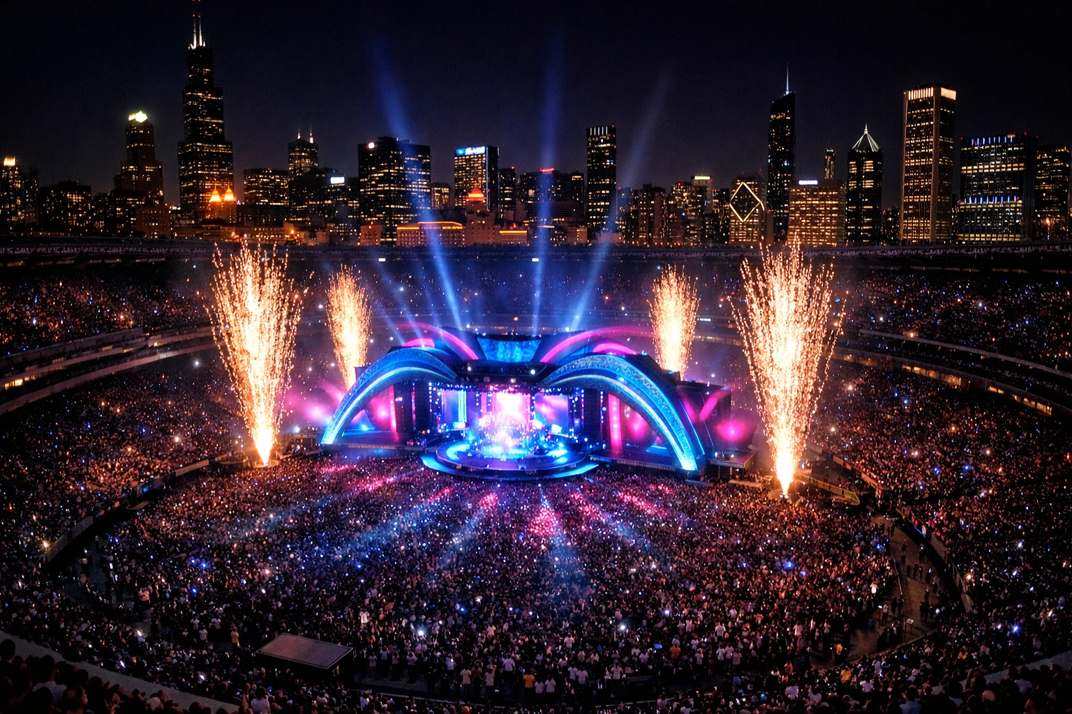 Aerial view of a packed stadium at night for the Usher and Chris Brown co-headlining R&B tour.