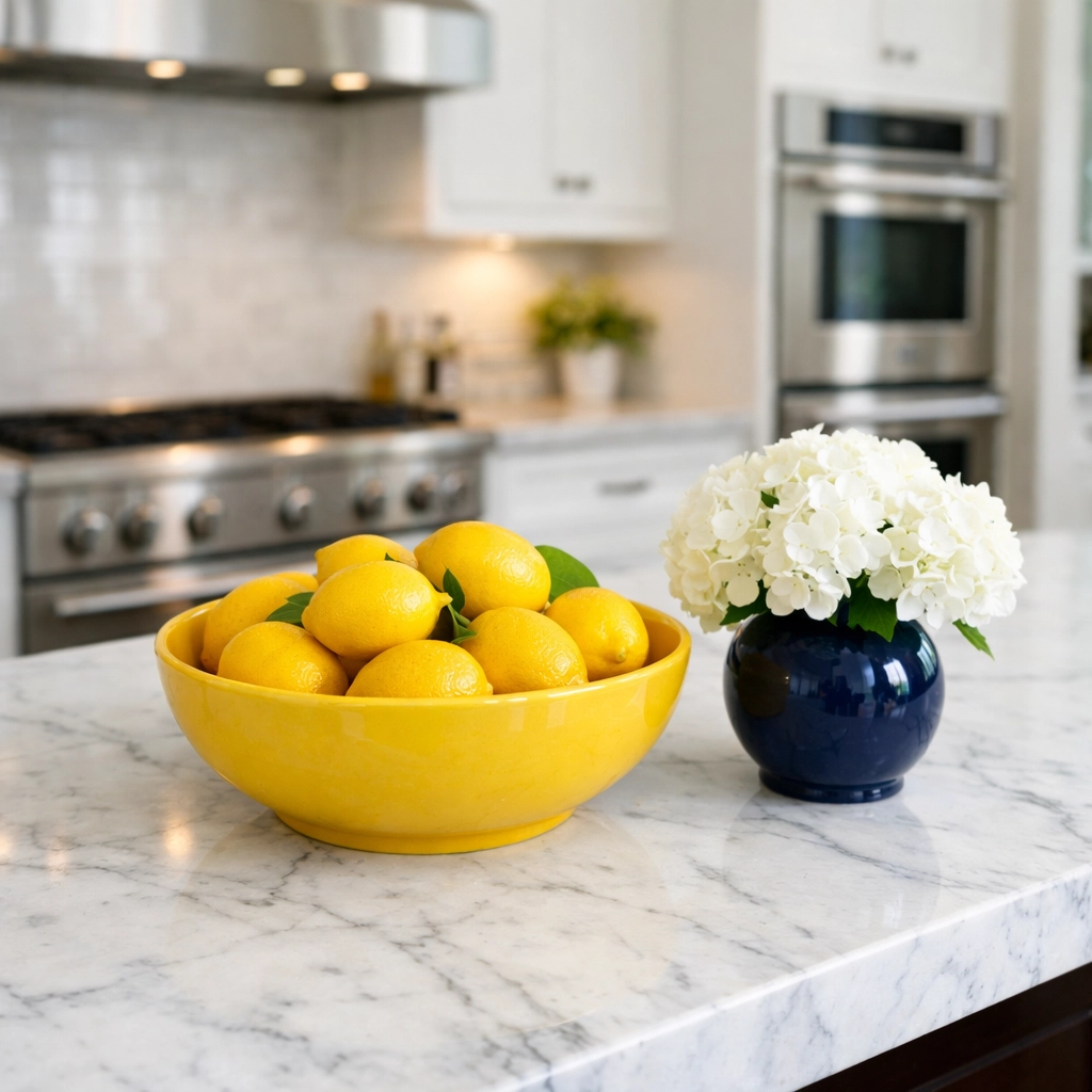 Spotless Carrara marble kitchen island after professional luxury cleaning in Marblehead.