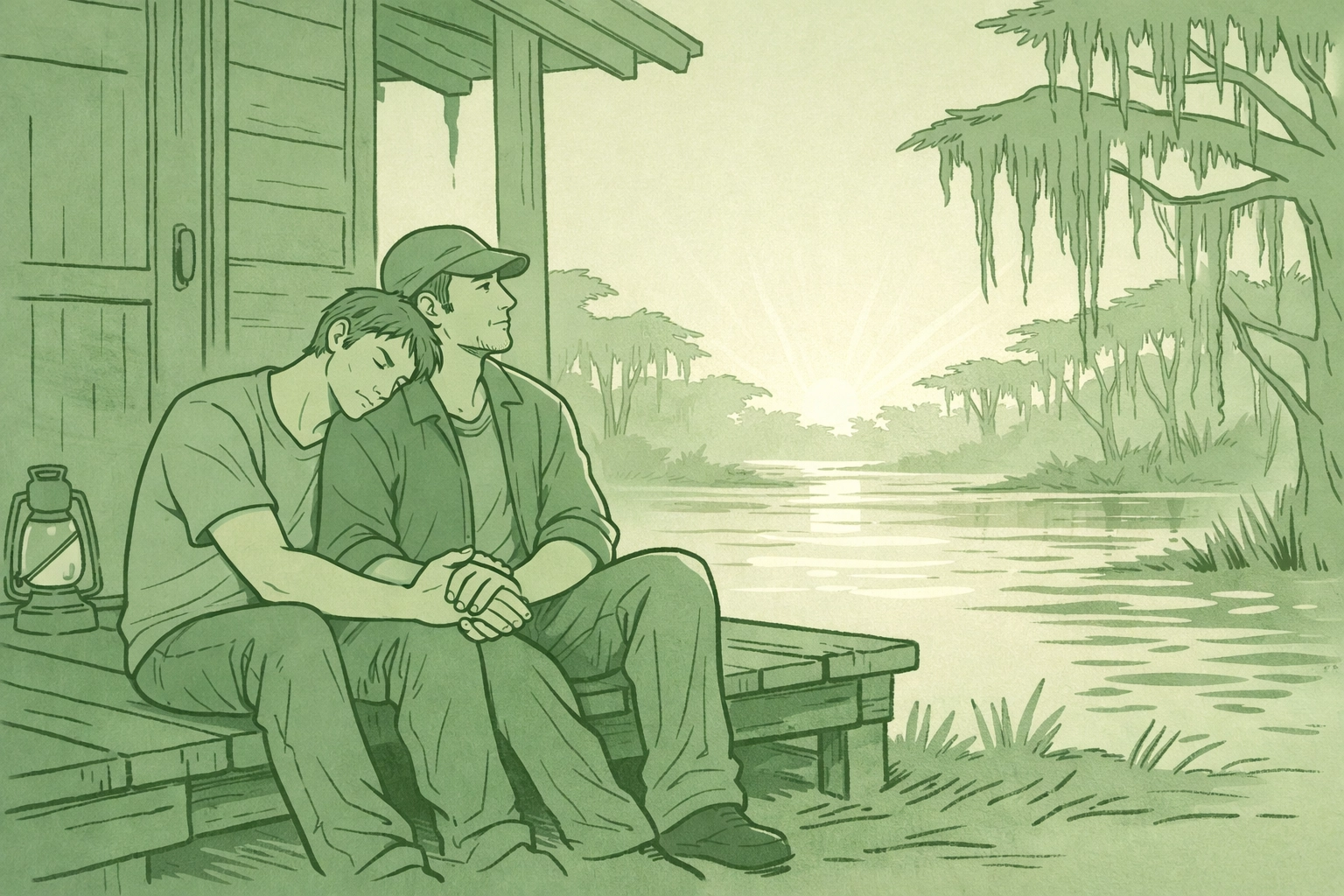 MM romance at dawn - emotional gay fiction scene on Louisiana bayou cabin porch