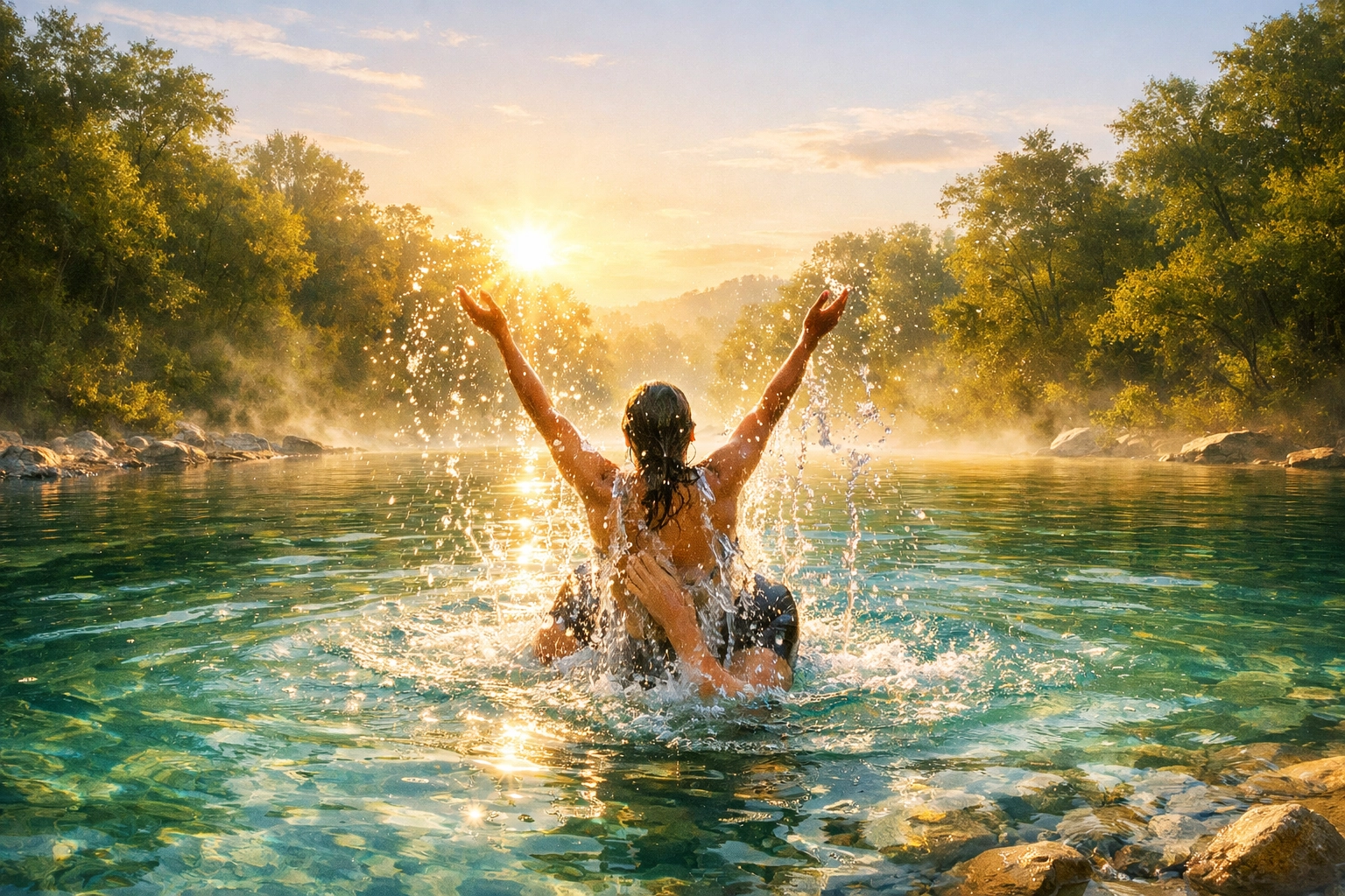 A person rising from water baptism in a sun-drenched river, symbolizing new life in Jesus Christ.