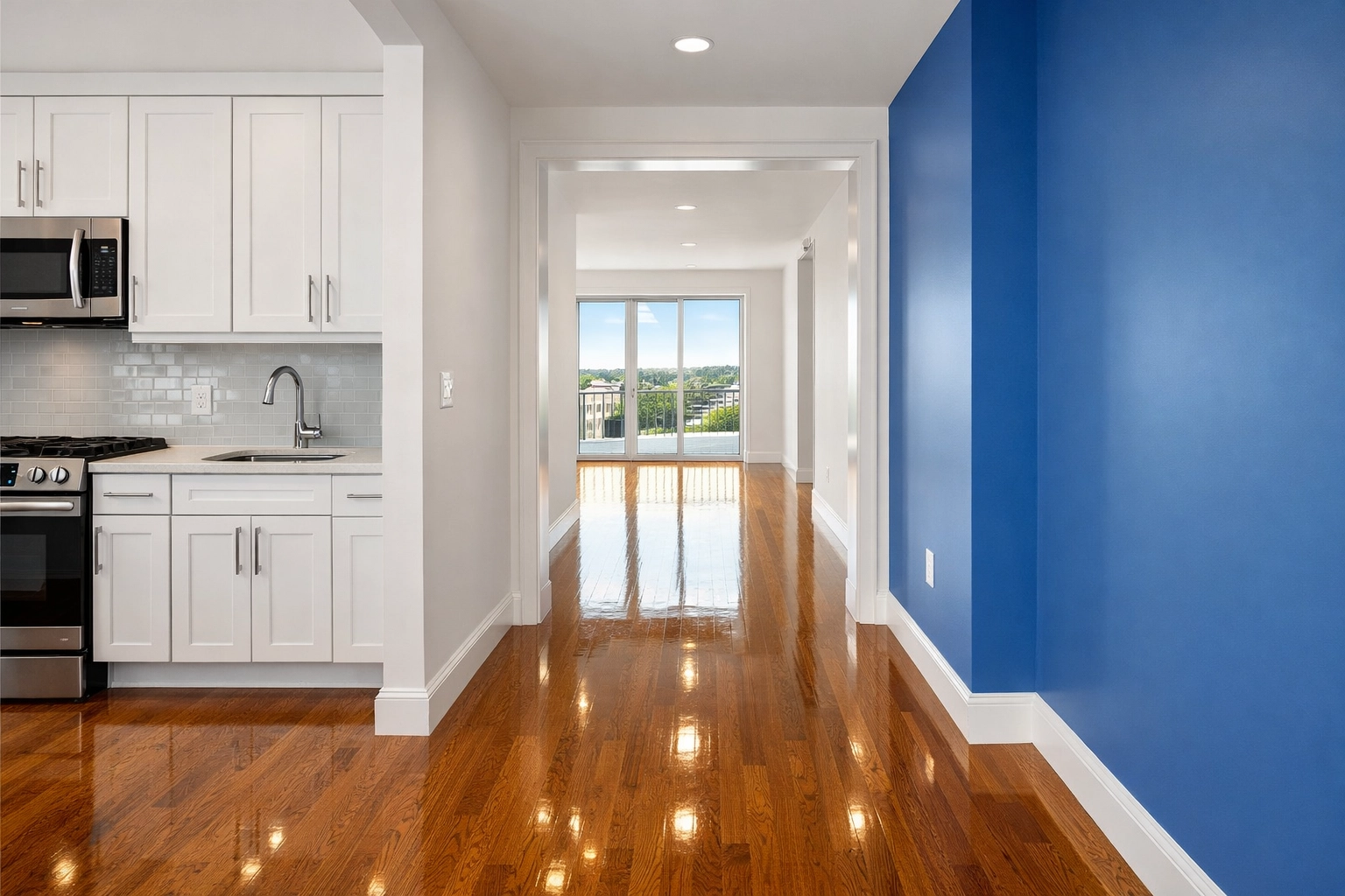 Gleaming hardwood floors in an empty apartment after a move-in deep cleaning Cambridge MA near Central Square.