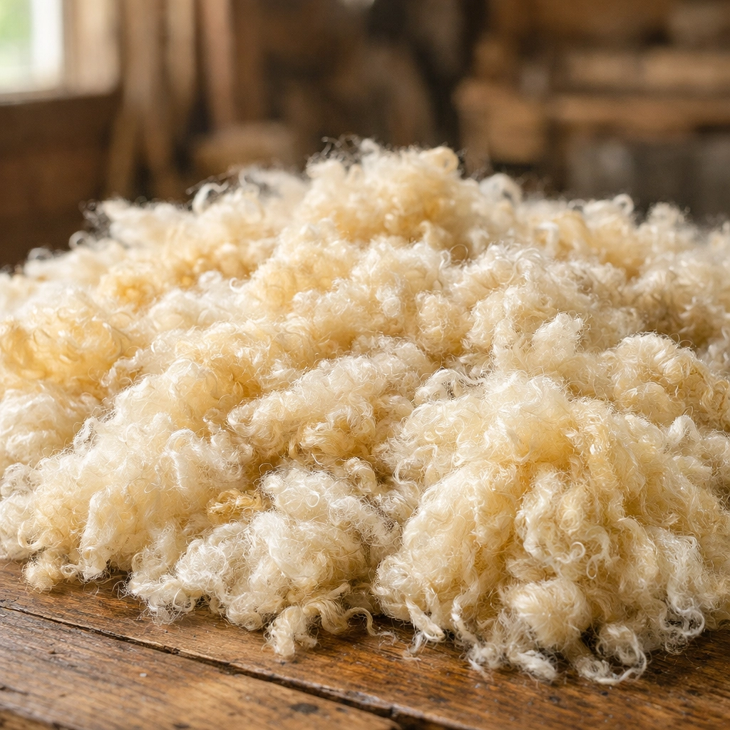 Freshly shorn sheep wool with natural lanolin coating on rustic wooden table at farm