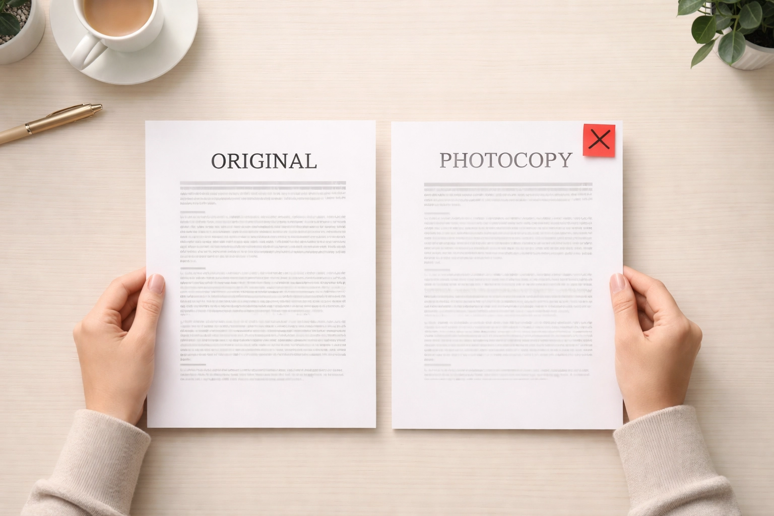 Hands compare original document and photocopy with red X, illustrating Alaska notary copy certification rules