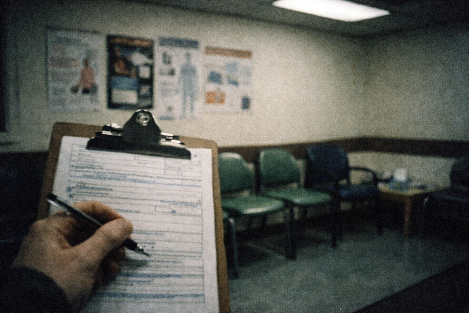 Sexual health clinic waiting room with patient holding STI testing appointment forms