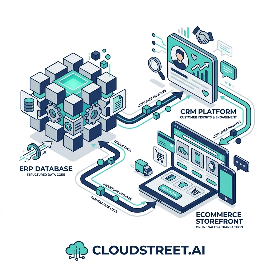 Illustration showing data integration between ERP, CRM, and ecommerce systems for B2B commerce solutions.