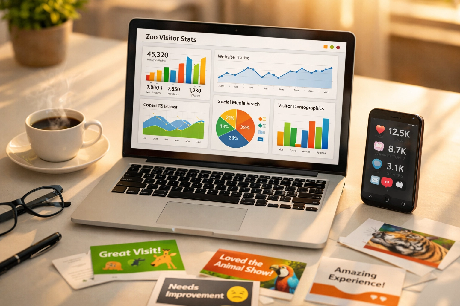 Zoo marketing analytics dashboard showing visitor satisfaction metrics and engagement data