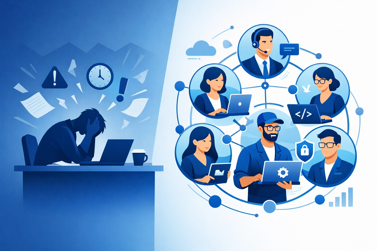 Illustration comparing an overwhelmed solo IT worker to a professional managed IT services team.