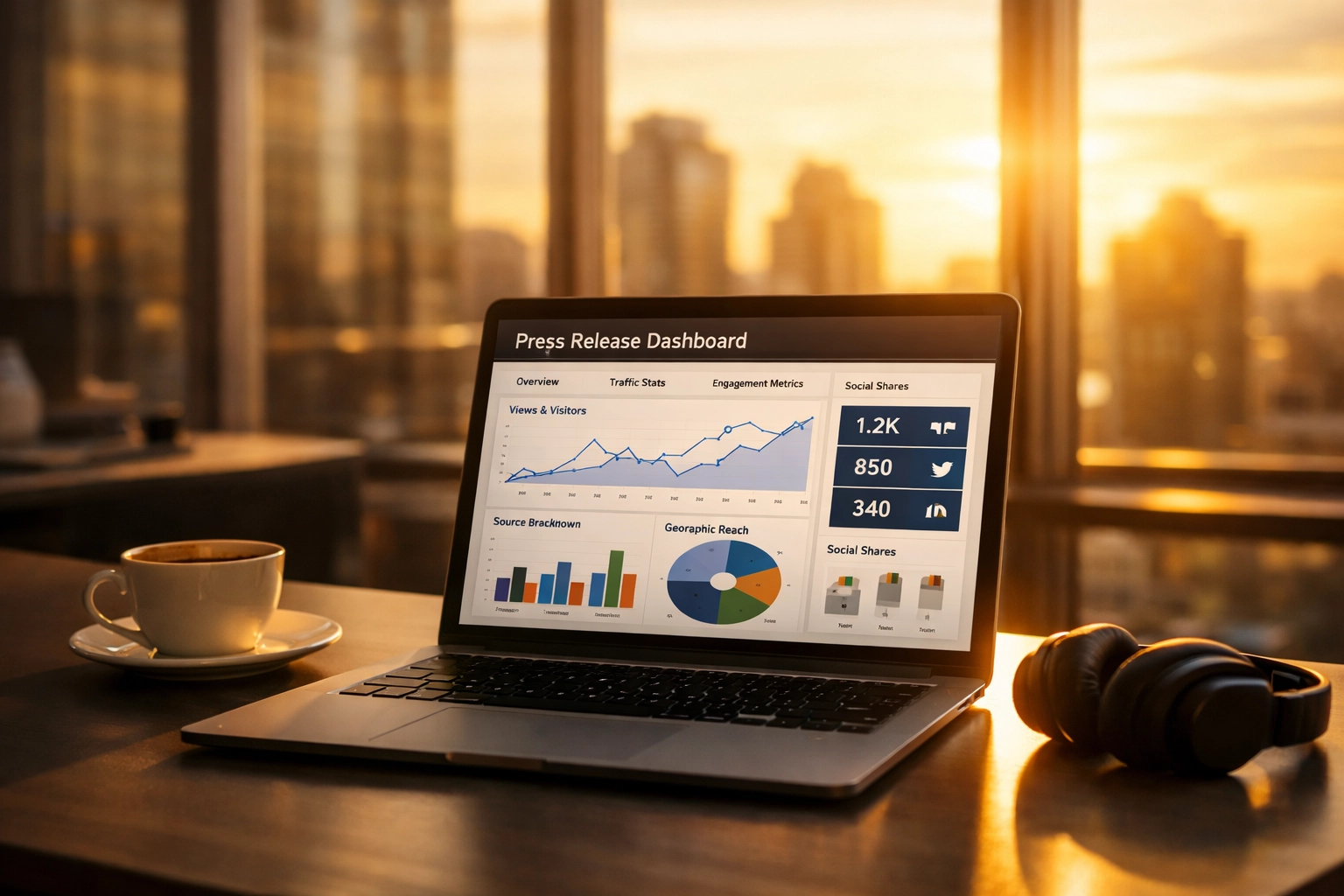 Sports industry professional reviewing press release analytics at 4PM for brand partnership strategy