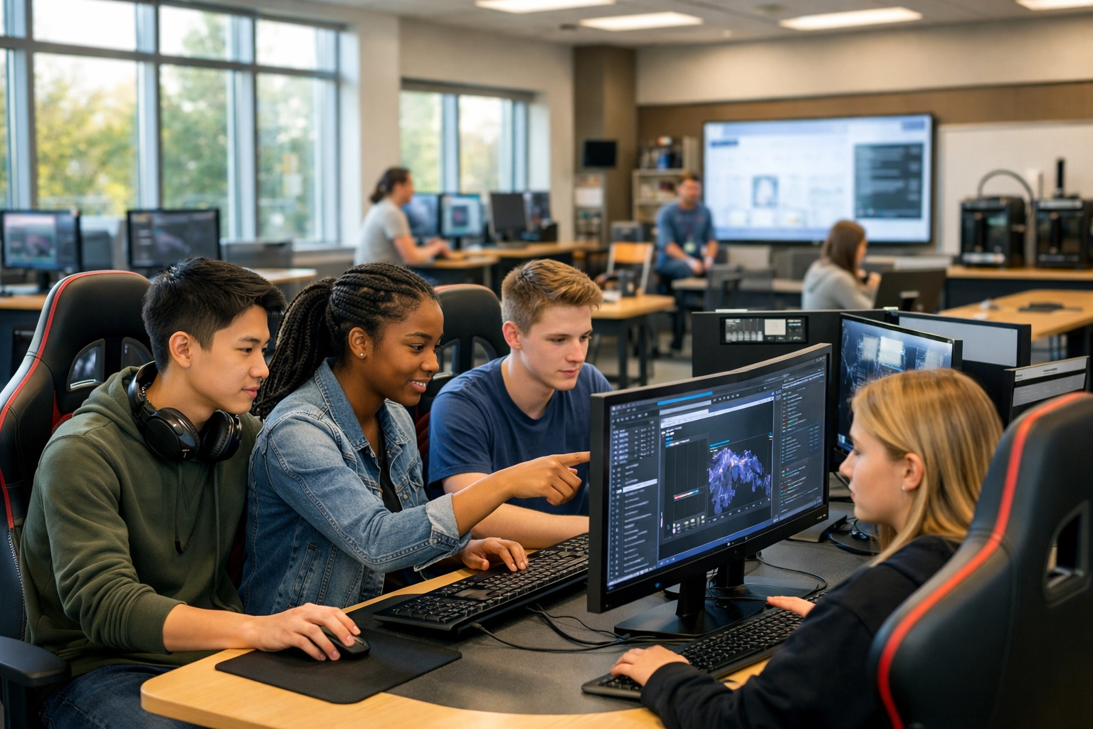 High school students collaborating in a high-tech media lab powered by Dakdan strategic innovation.