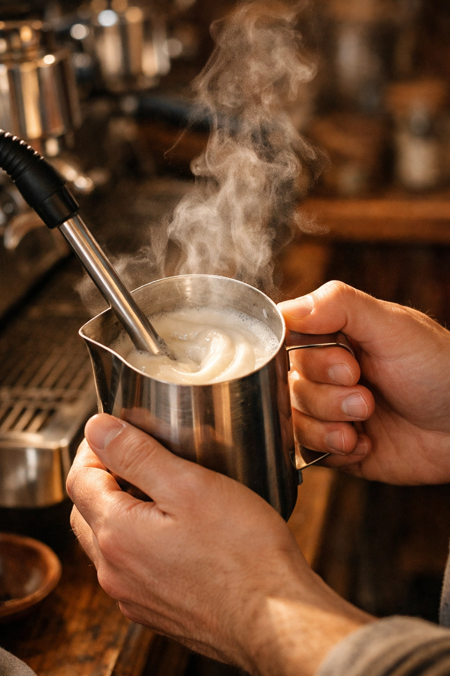 Professional barista training showing expert milk steaming for specialty coffee shop partners.