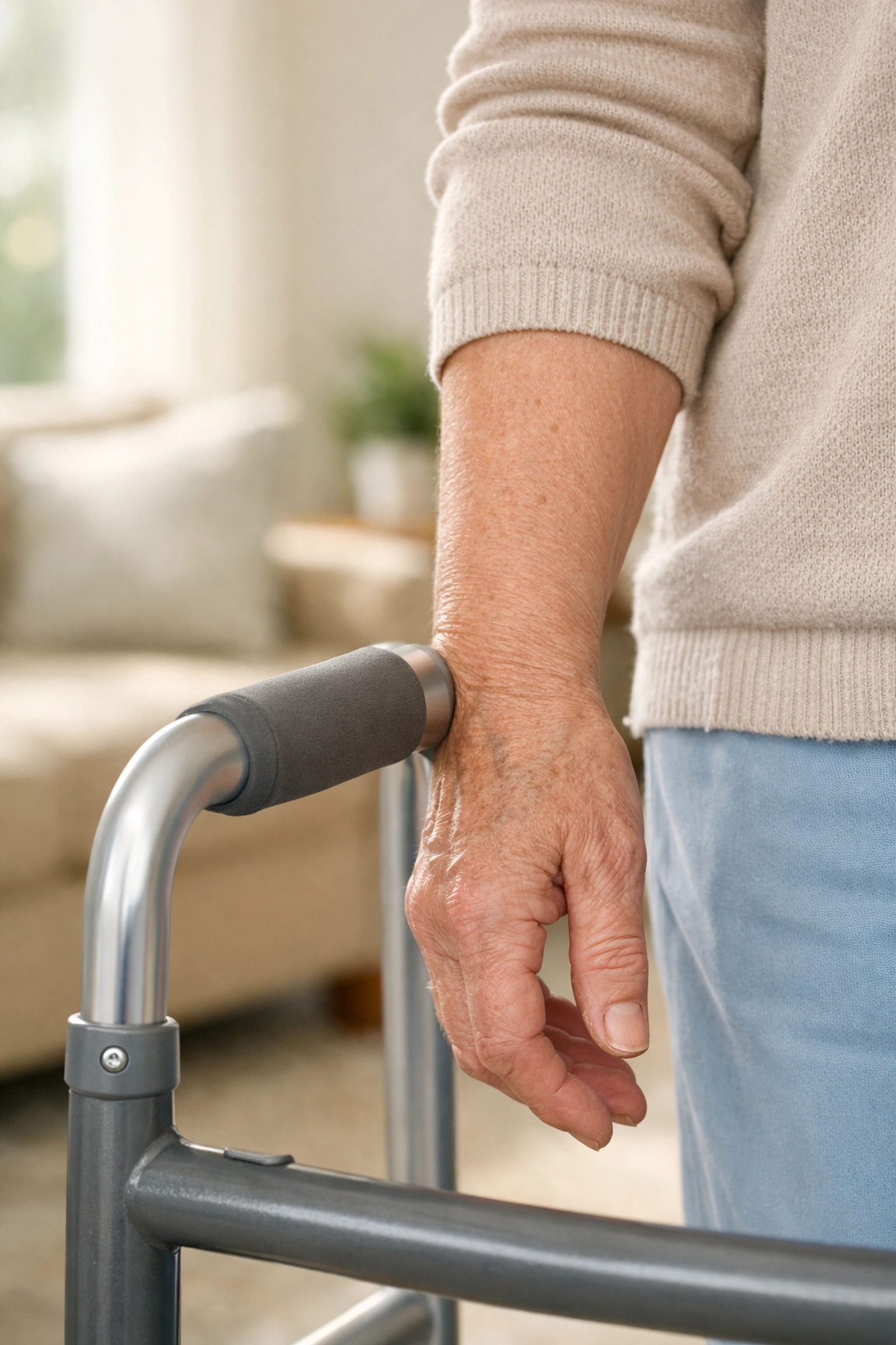 Correct walker handle height aligned with a senior's wrist crease for proper posture and support.