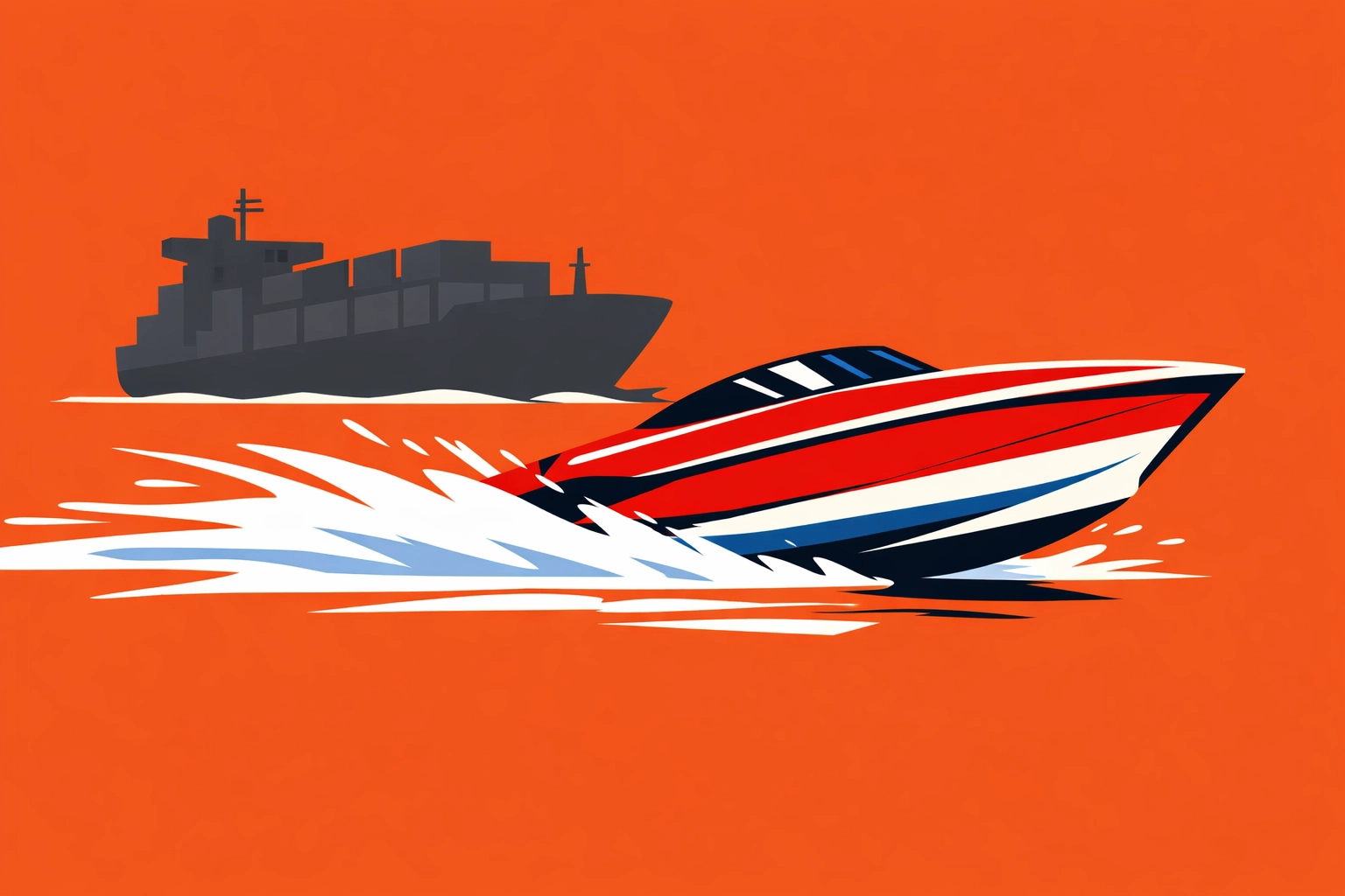 Fast speedboat representing small business agility out-marketing a slow corporate cargo ship with AI.