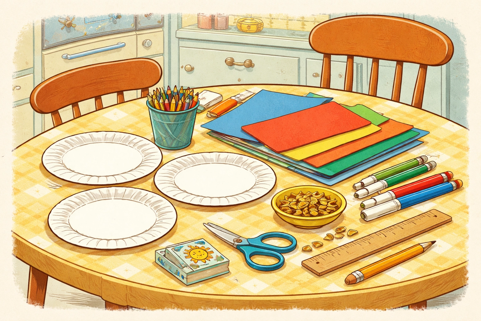 Paper plate clock craft supplies like plates, construction paper, split pins, and crayons on a kitchen table for children's activity