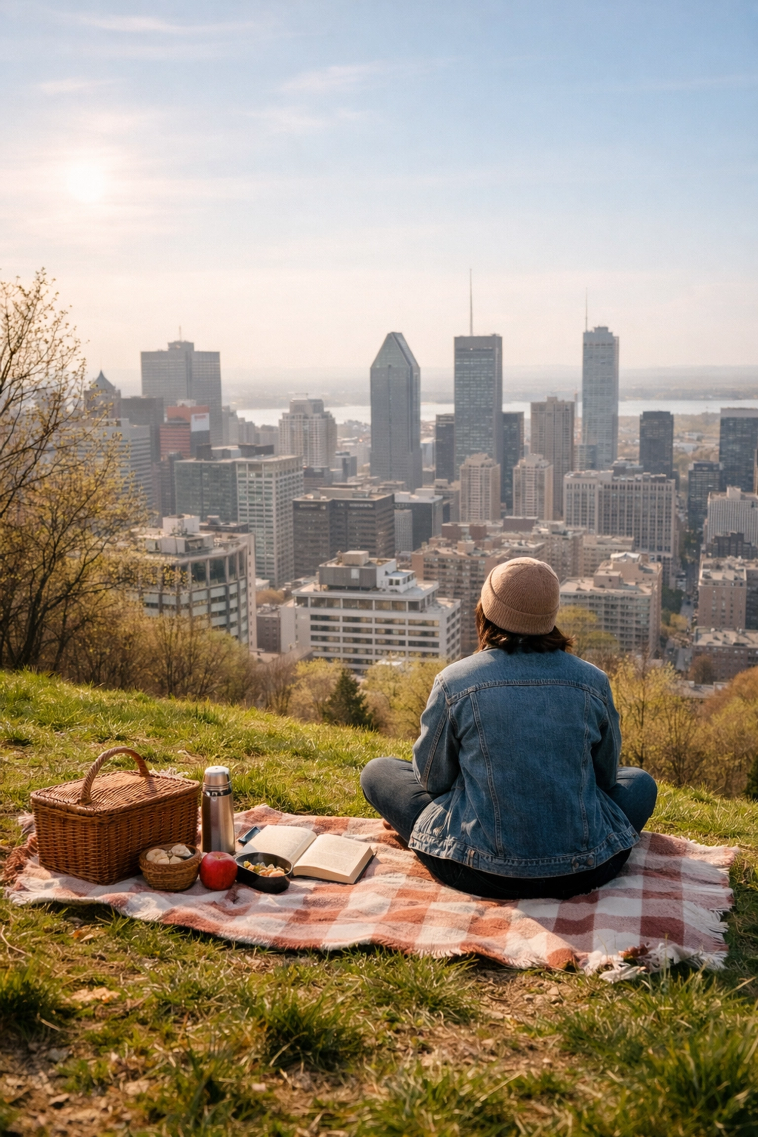 Relaxing spring picnic on Mount Royal Park overlooking the Montreal city skyline.