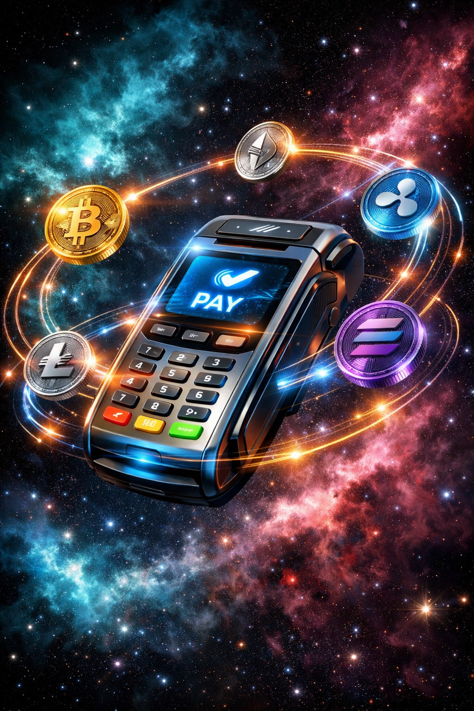 Crypto POS terminal surrounded by multiple cryptocurrency tokens showing cross-chain payment interoperability