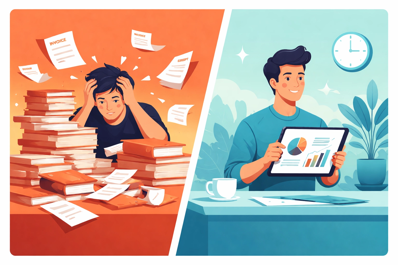 Illustration showing a stressed business owner with paperwork beside a calm one using digital tools, highlighting the benefits of virtual accounting.