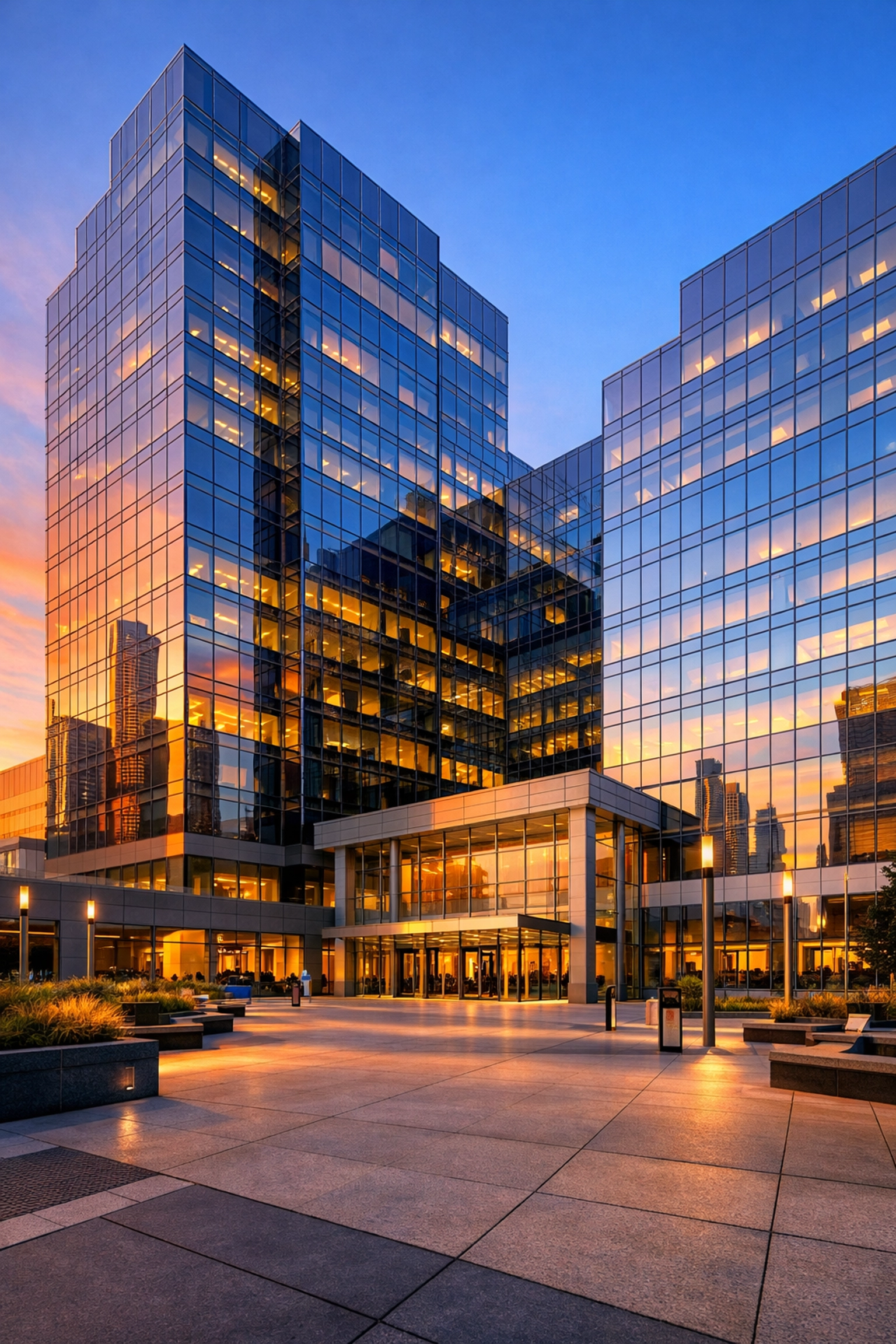 Modern glass office building in Detroit at golden hour, representing premium Midwest commercial property management.