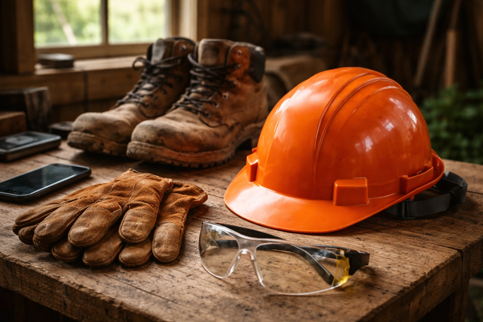 Essential emergency tree work safety gear laid out on a workbench including hard hat and gloves