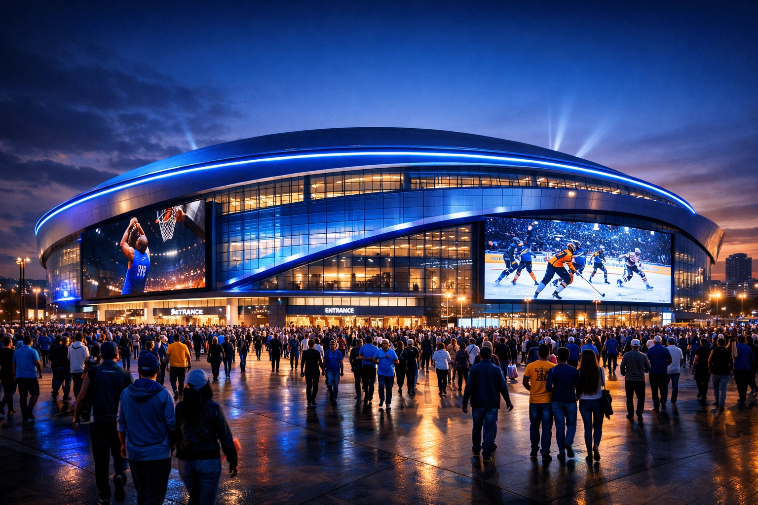 Modern sports arena with digital perimeter advertising boards engaging crowds during a major event.