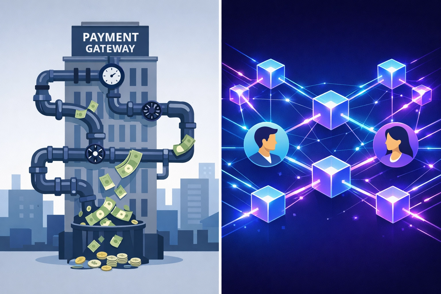 Traditional payment gateway vs Web3 peer-to-peer crypto payments comparison illustration