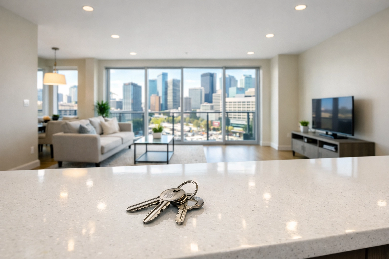 Move-in ready luxury unit in Detroit with keys on a clean kitchen island after professional turnover.