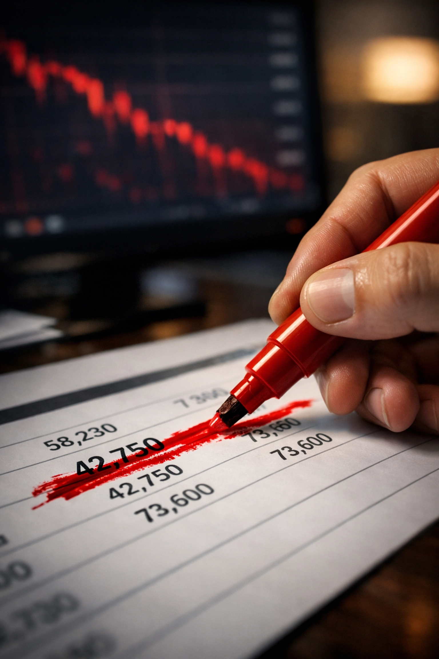 Hand striking through financial data with a red marker, representing monthly jobs report revisions.