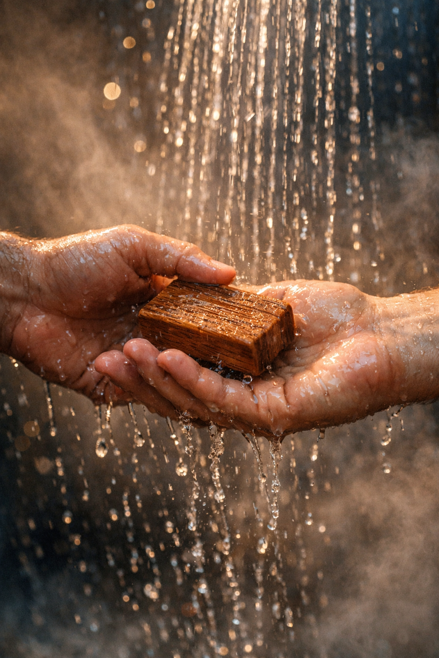 Hands passing soap bar under shower water - intimate gay romance gesture in gym