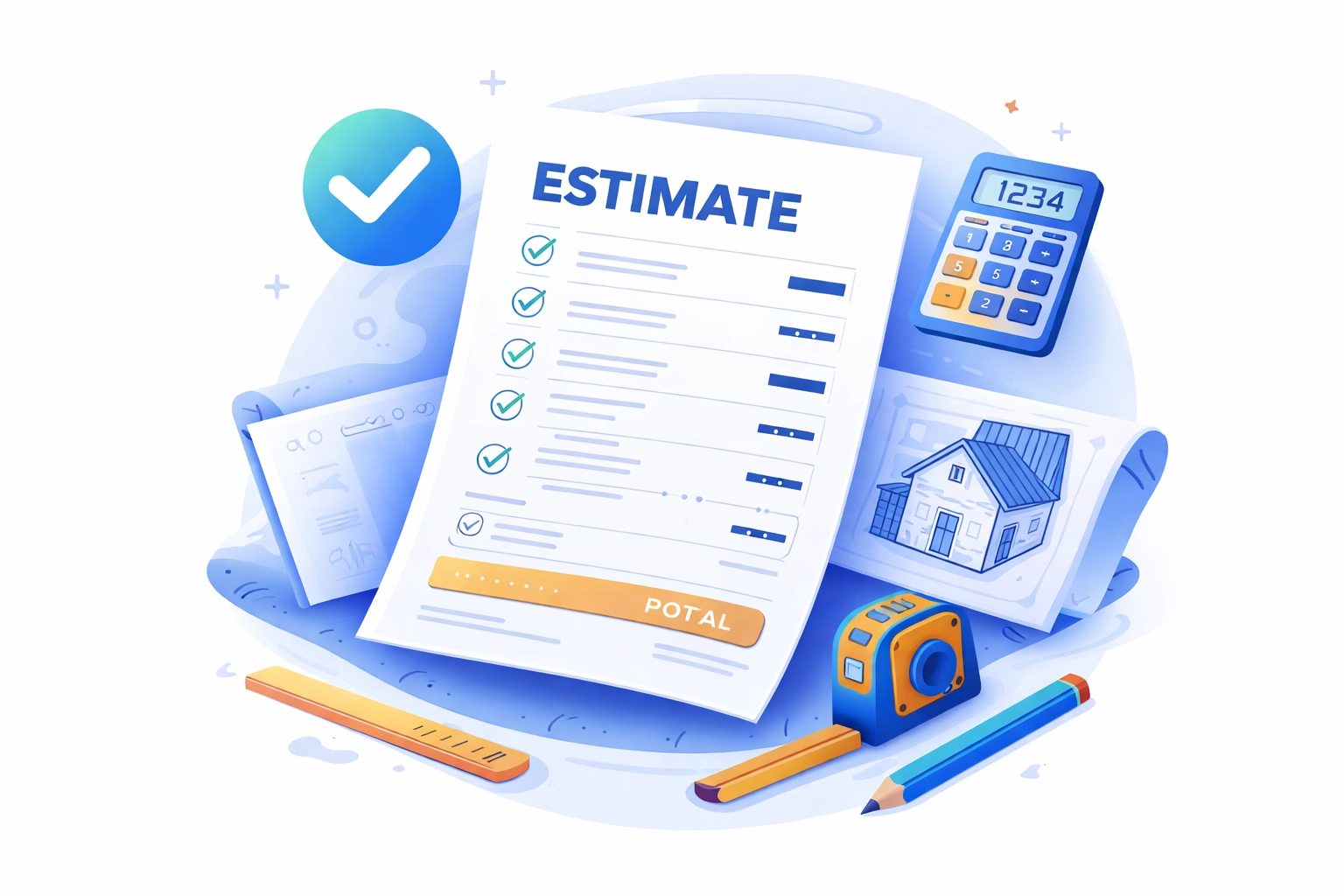 Digital estimate document and accuracy icons illustrating how contractors win more jobs with precise AI-generated quotes.